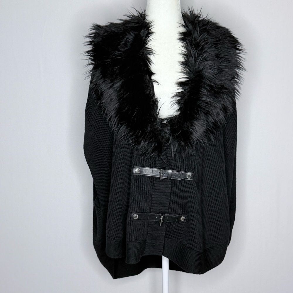 Black Faux Fur Buckle Sweater Poncho Vest
